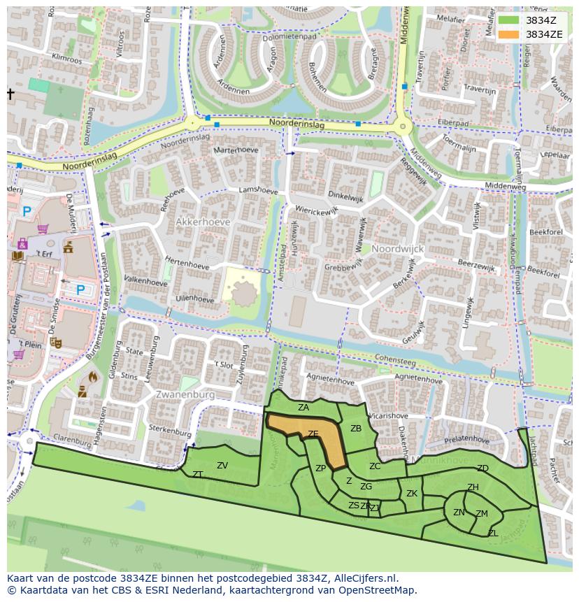 Afbeelding van het postcodegebied 3834 ZE op de kaart.