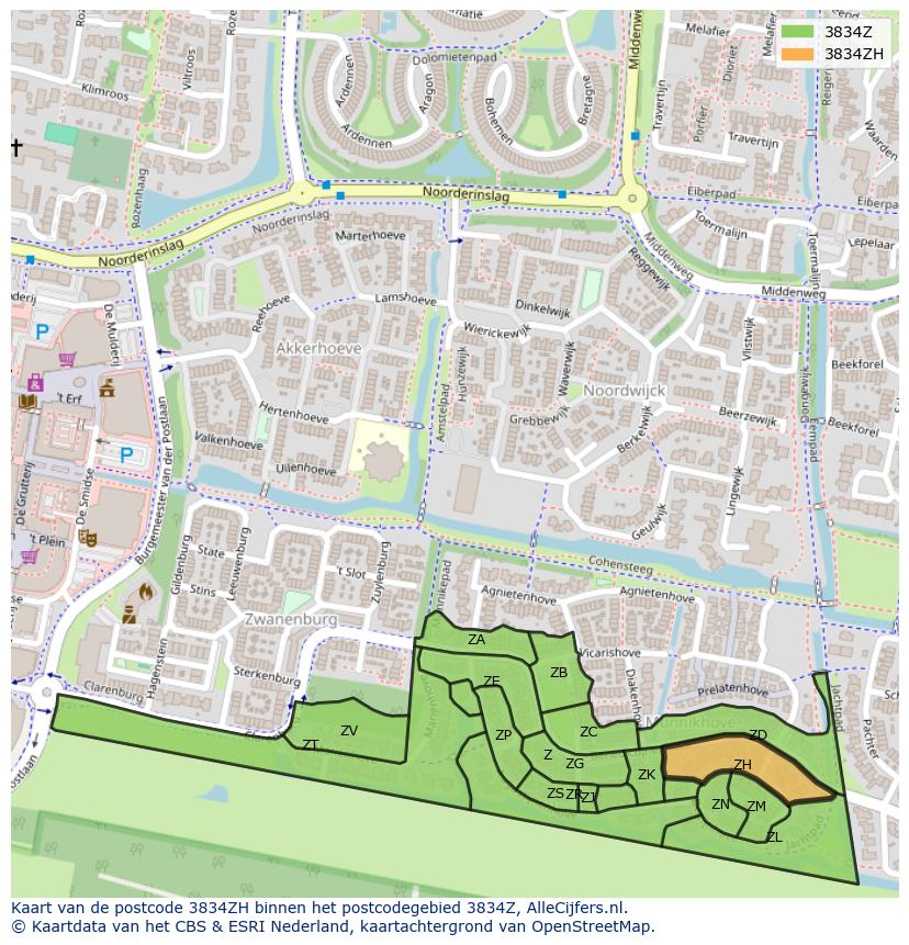 Afbeelding van het postcodegebied 3834 ZH op de kaart.