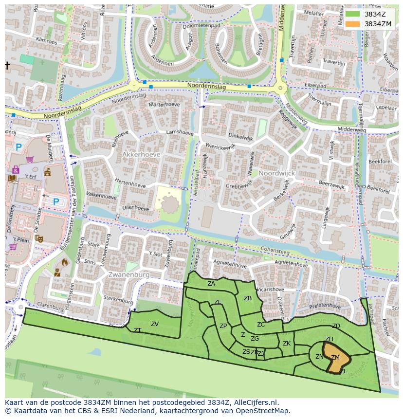 Afbeelding van het postcodegebied 3834 ZM op de kaart.