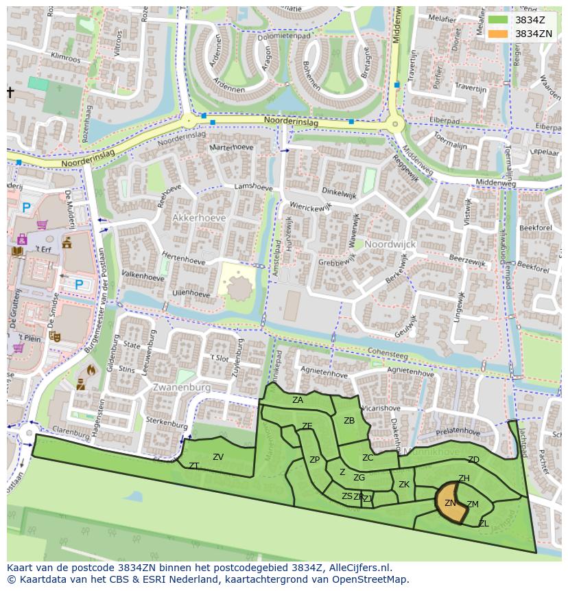 Afbeelding van het postcodegebied 3834 ZN op de kaart.