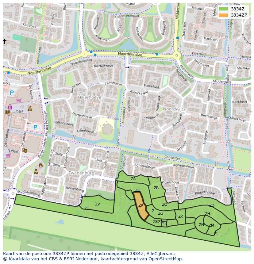 Afbeelding van het postcodegebied 3834 ZP op de kaart.