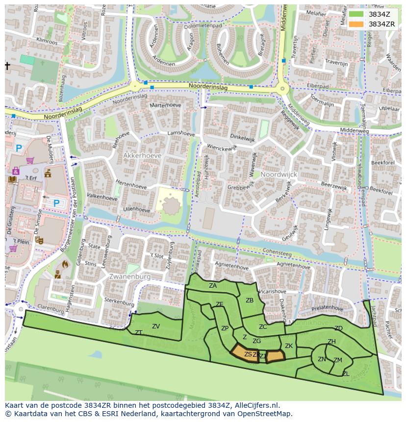 Afbeelding van het postcodegebied 3834 ZR op de kaart.