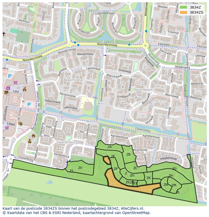 Afbeelding van het postcodegebied 3834 ZS op de kaart.