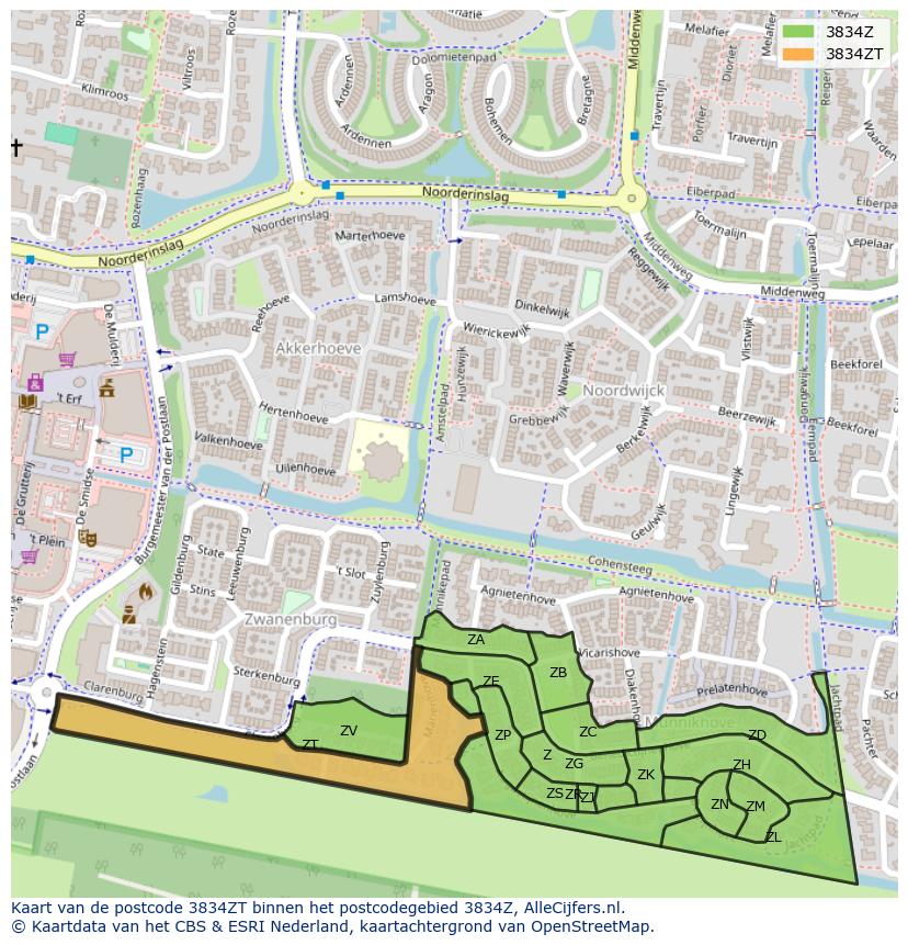Afbeelding van het postcodegebied 3834 ZT op de kaart.