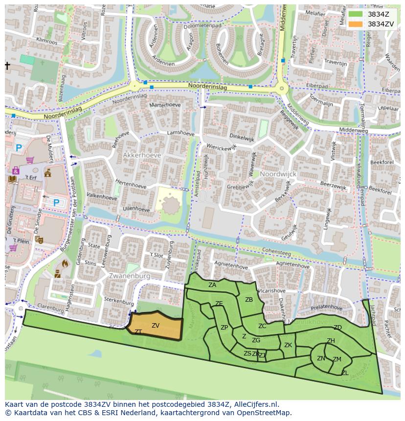 Afbeelding van het postcodegebied 3834 ZV op de kaart.