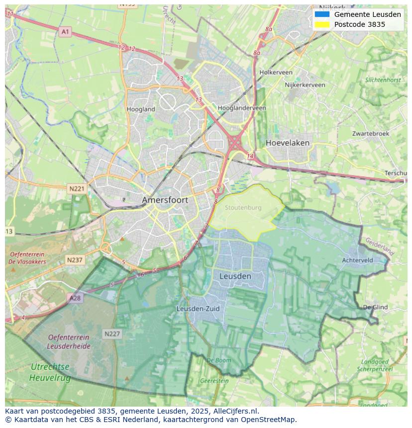 Afbeelding van het postcodegebied 3835 op de kaart.