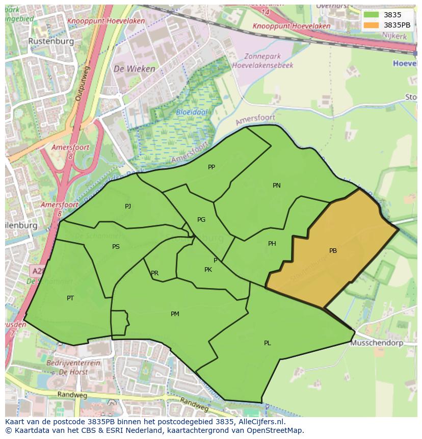 Afbeelding van het postcodegebied 3835 PB op de kaart.