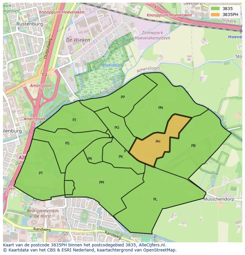 Afbeelding van het postcodegebied 3835 PH op de kaart.