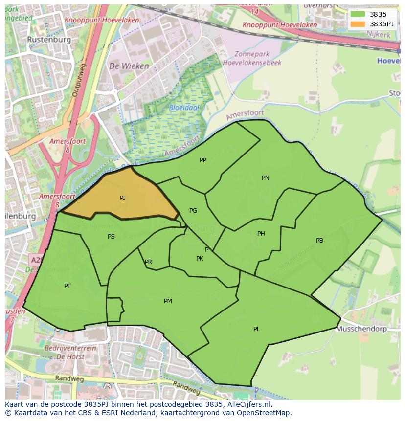 Afbeelding van het postcodegebied 3835 PJ op de kaart.