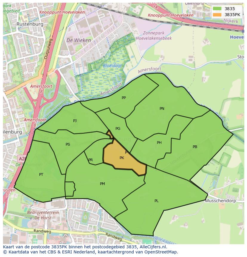 Afbeelding van het postcodegebied 3835 PK op de kaart.