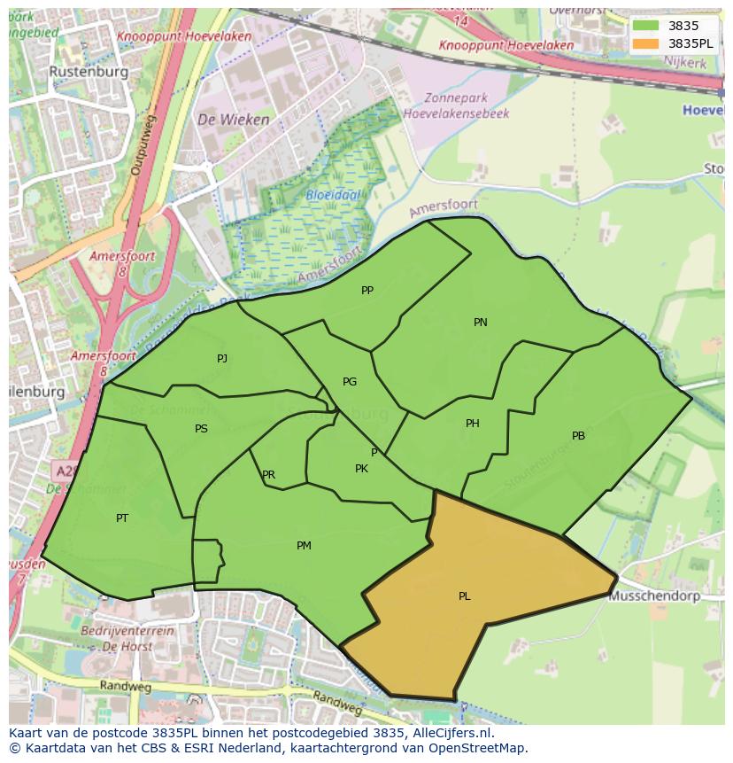 Afbeelding van het postcodegebied 3835 PL op de kaart.