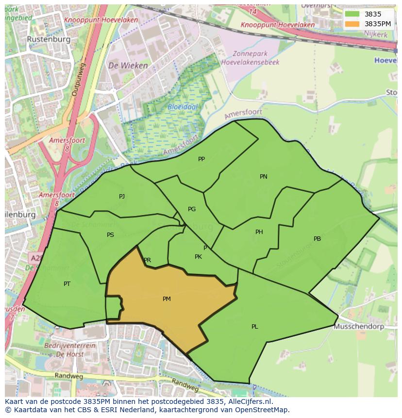 Afbeelding van het postcodegebied 3835 PM op de kaart.
