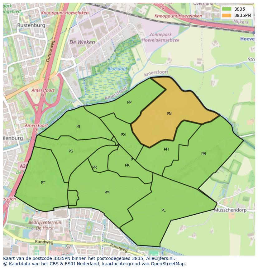 Afbeelding van het postcodegebied 3835 PN op de kaart.