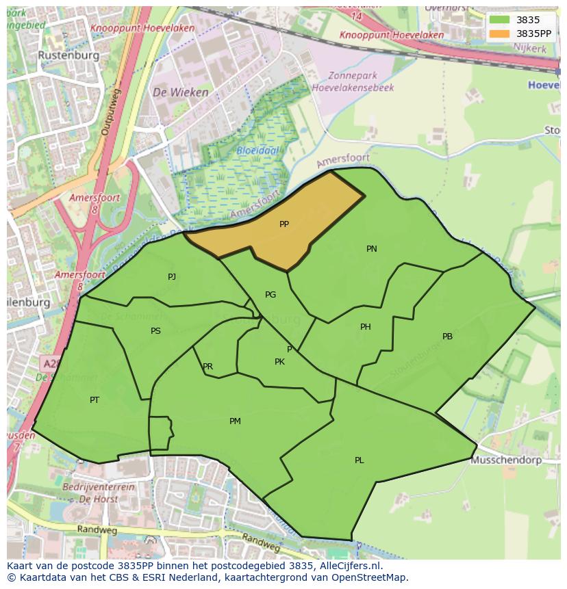 Afbeelding van het postcodegebied 3835 PP op de kaart.