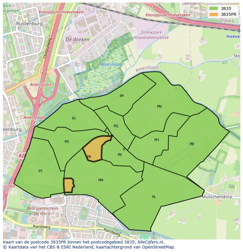 Afbeelding van het postcodegebied 3835 PR op de kaart.
