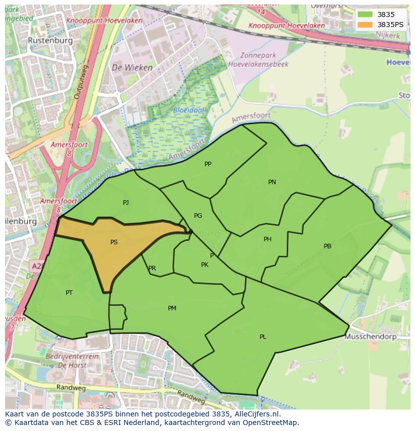 Afbeelding van het postcodegebied 3835 PS op de kaart.