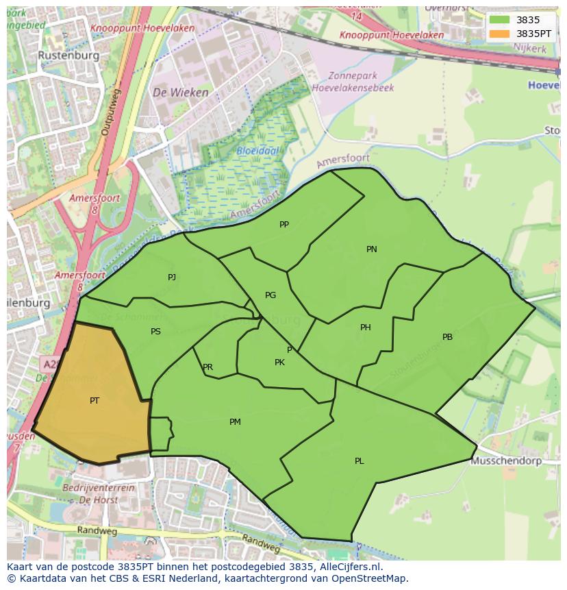 Afbeelding van het postcodegebied 3835 PT op de kaart.