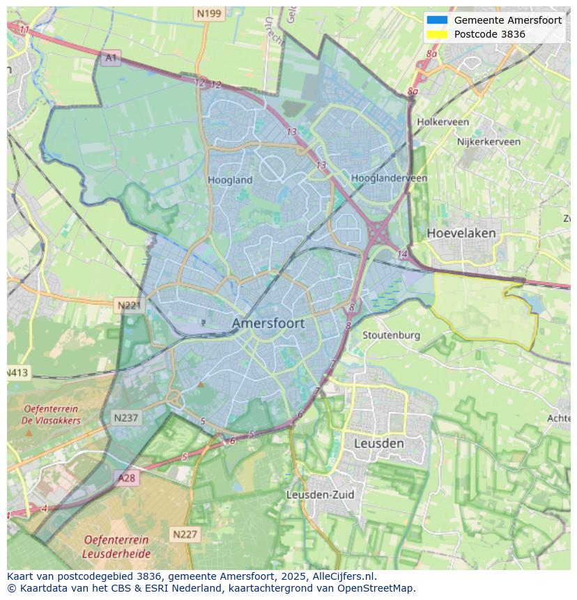 Afbeelding van het postcodegebied 3836 op de kaart.