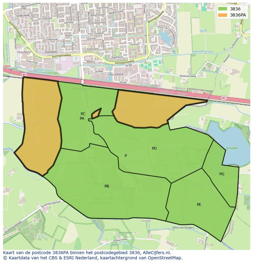 Afbeelding van het postcodegebied 3836 PA op de kaart.