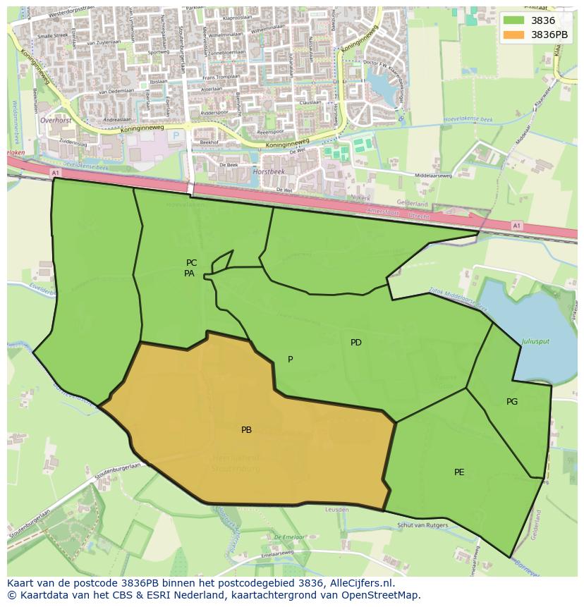 Afbeelding van het postcodegebied 3836 PB op de kaart.