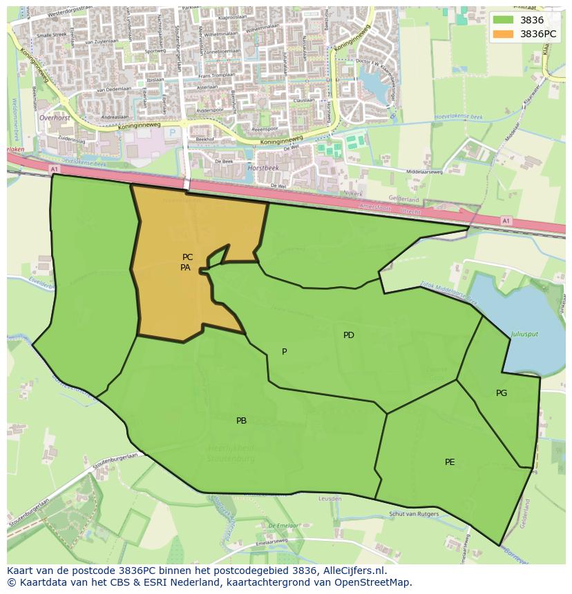 Afbeelding van het postcodegebied 3836 PC op de kaart.