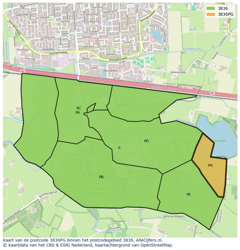 Afbeelding van het postcodegebied 3836 PG op de kaart.