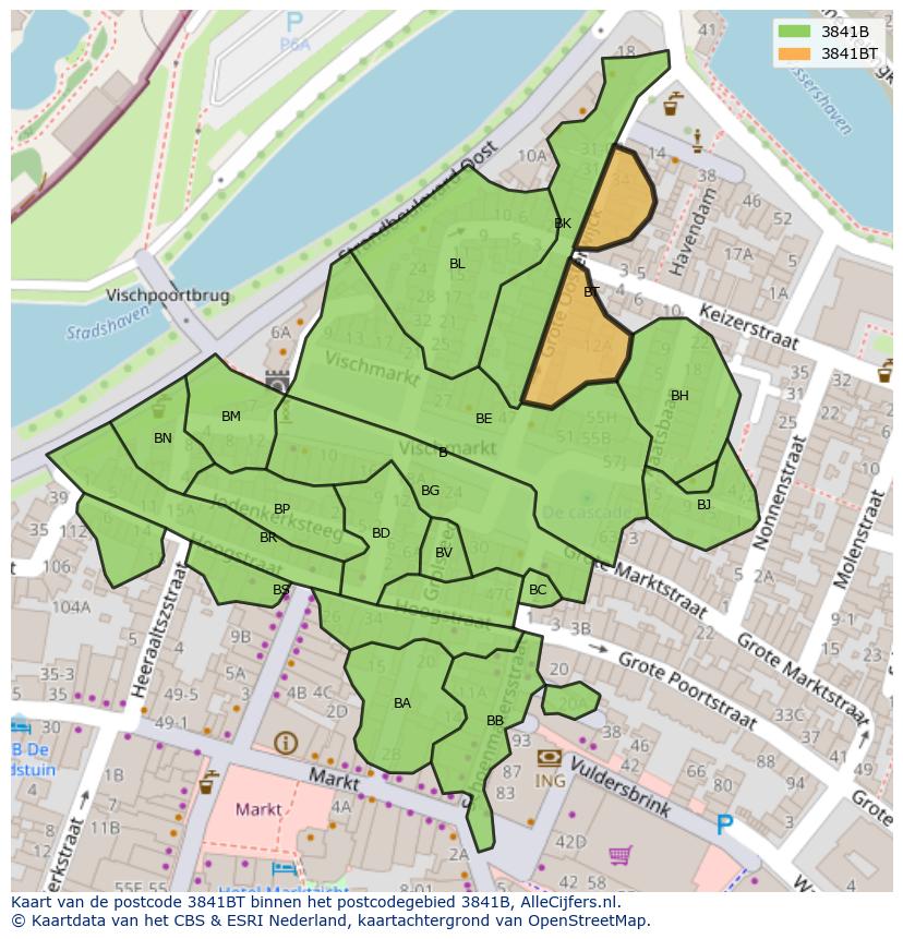 Afbeelding van het postcodegebied 3841 BT op de kaart.
