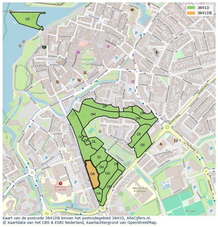 Afbeelding van het postcodegebied 3841 DB op de kaart.