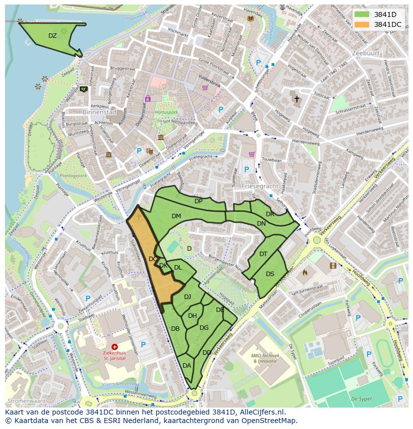 Afbeelding van het postcodegebied 3841 DC op de kaart.