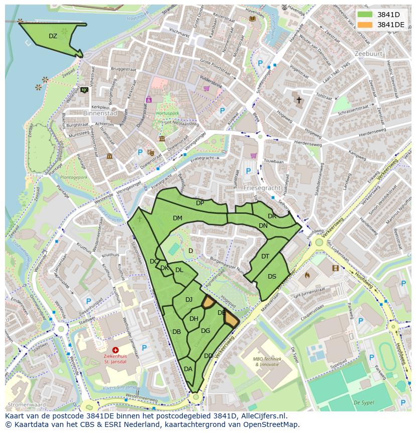 Afbeelding van het postcodegebied 3841 DE op de kaart.