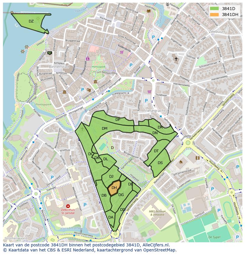 Afbeelding van het postcodegebied 3841 DH op de kaart.