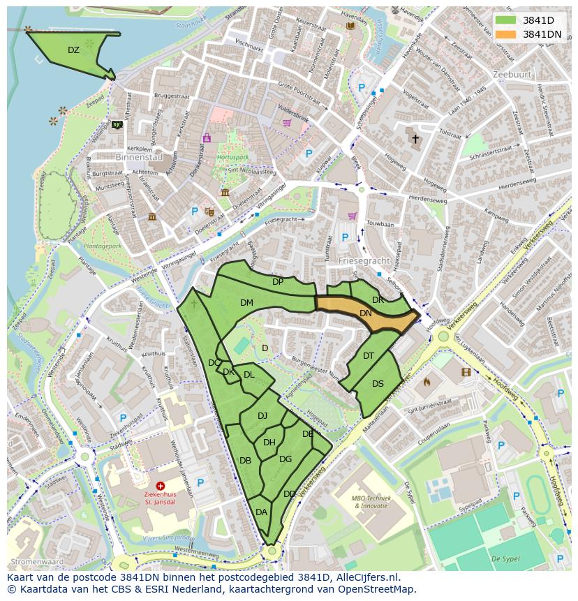 Afbeelding van het postcodegebied 3841 DN op de kaart.