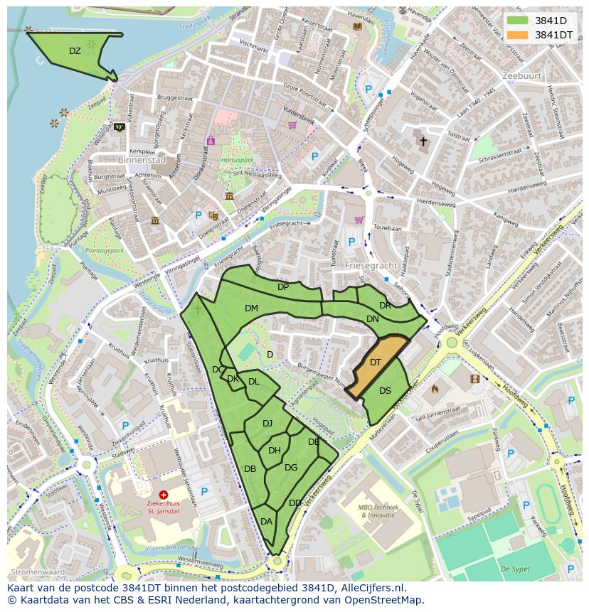 Afbeelding van het postcodegebied 3841 DT op de kaart.