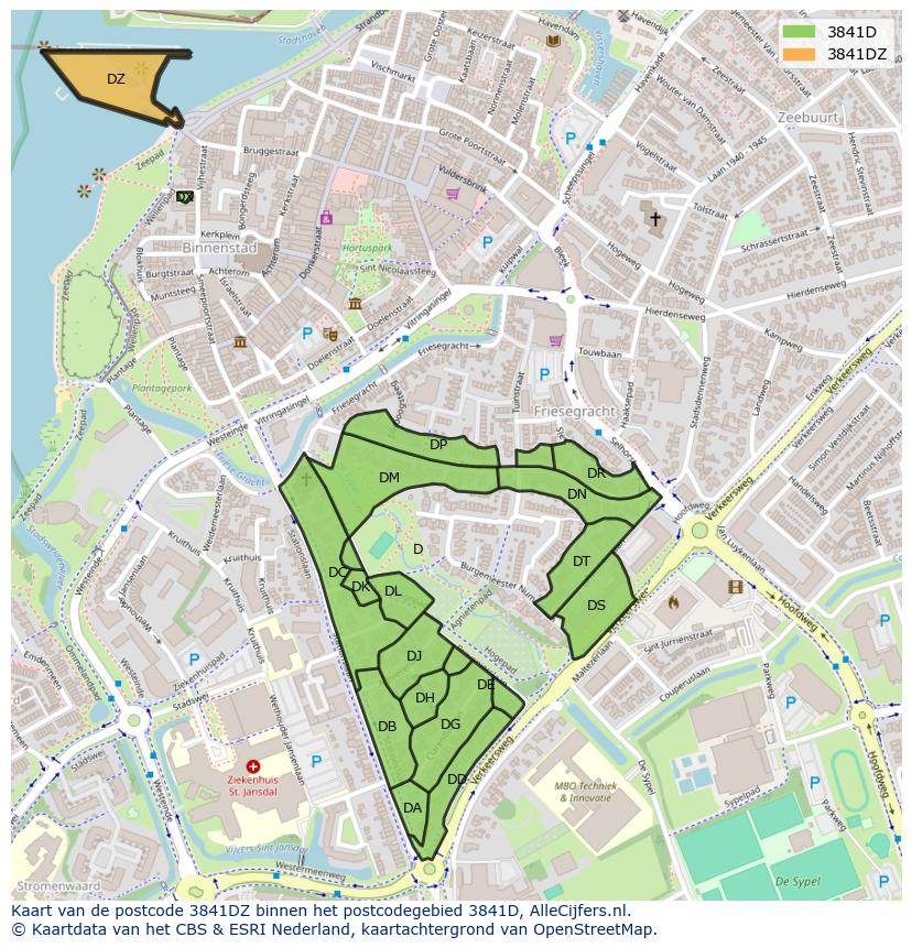 Afbeelding van het postcodegebied 3841 DZ op de kaart.