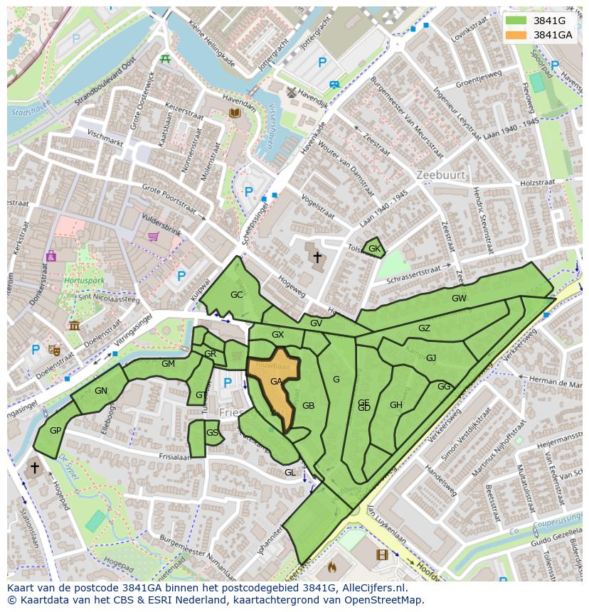 Afbeelding van het postcodegebied 3841 GA op de kaart.
