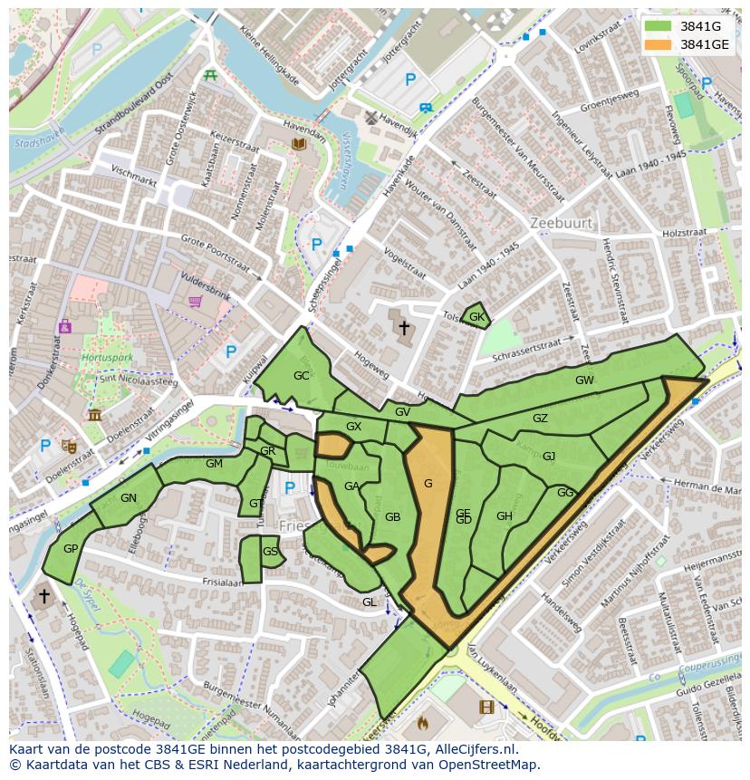 Afbeelding van het postcodegebied 3841 GE op de kaart.