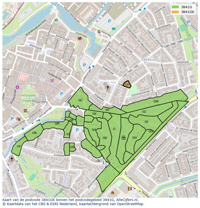 Afbeelding van het postcodegebied 3841 GK op de kaart.