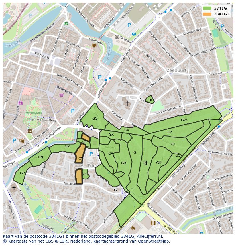 Afbeelding van het postcodegebied 3841 GT op de kaart.