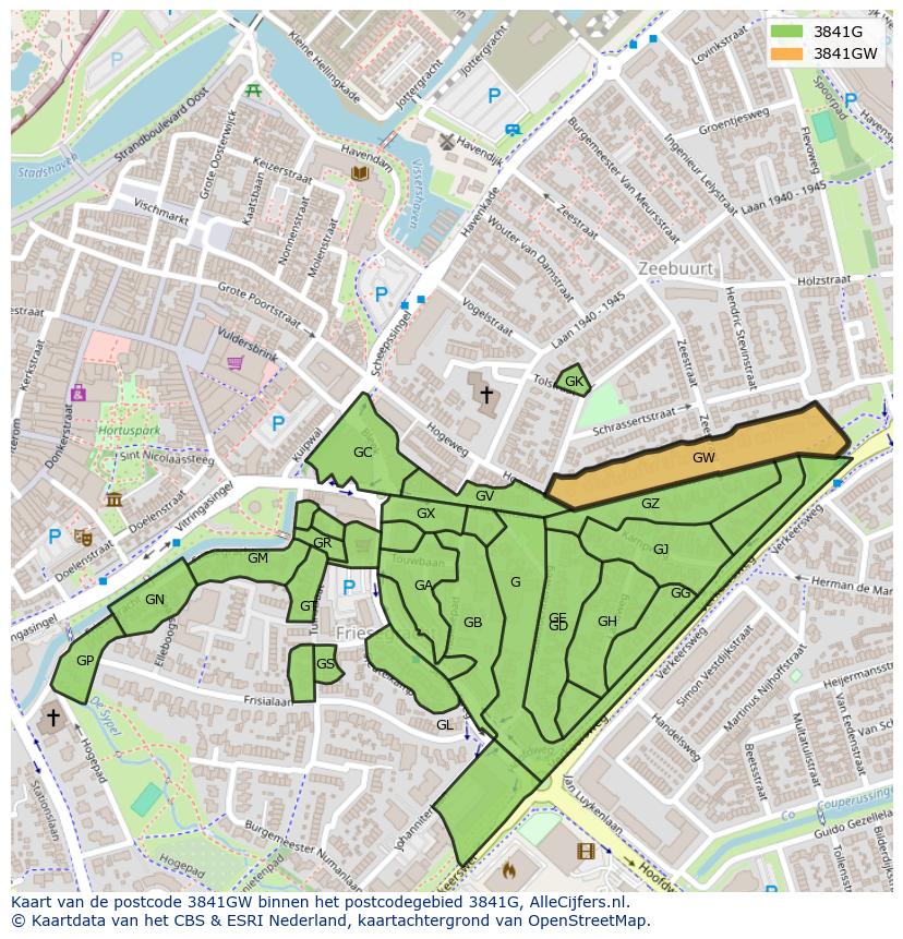 Afbeelding van het postcodegebied 3841 GW op de kaart.