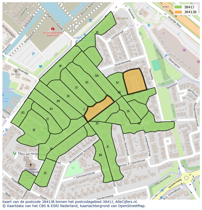 Afbeelding van het postcodegebied 3841 JB op de kaart.