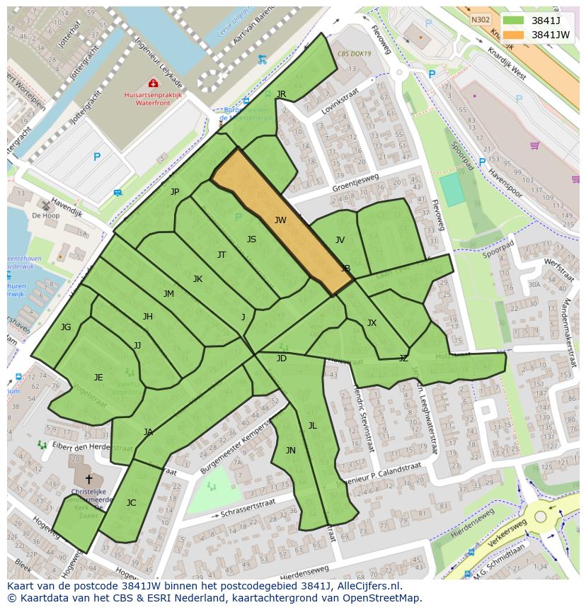 Afbeelding van het postcodegebied 3841 JW op de kaart.
