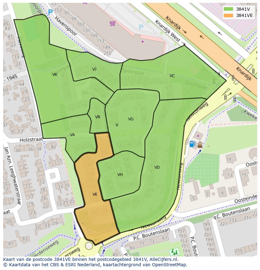 Afbeelding van het postcodegebied 3841 VE op de kaart.