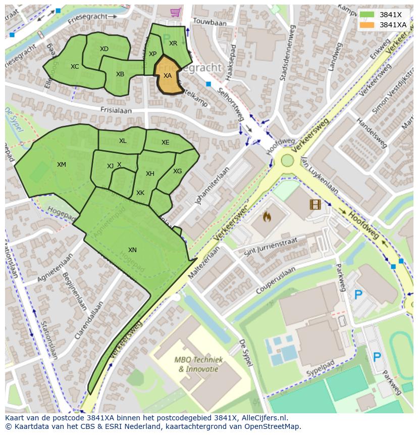 Afbeelding van het postcodegebied 3841 XA op de kaart.