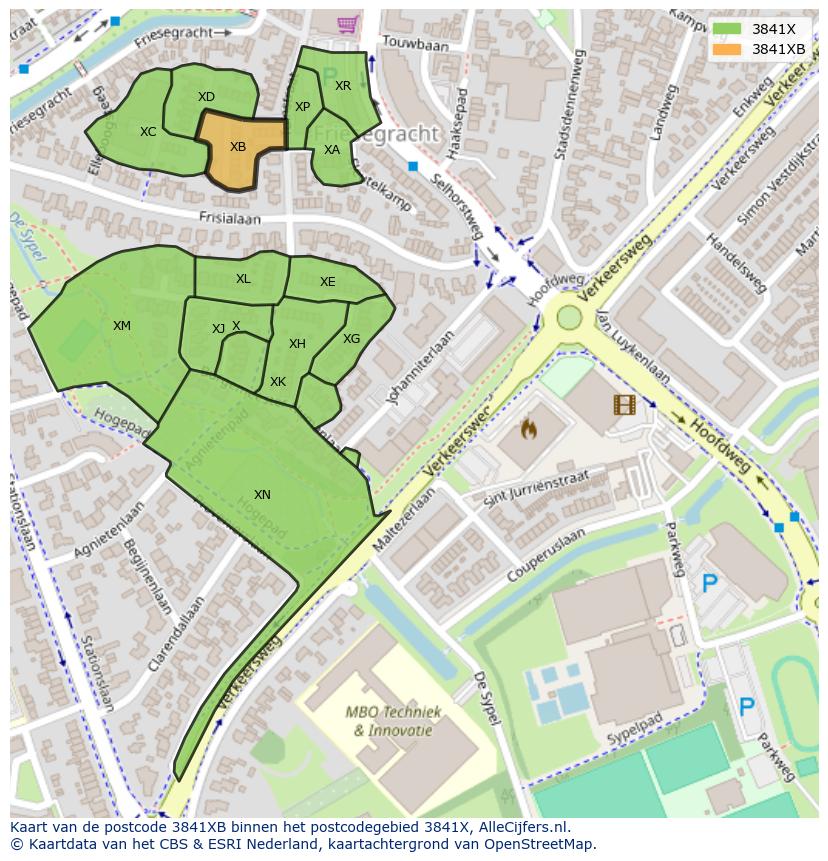 Afbeelding van het postcodegebied 3841 XB op de kaart.