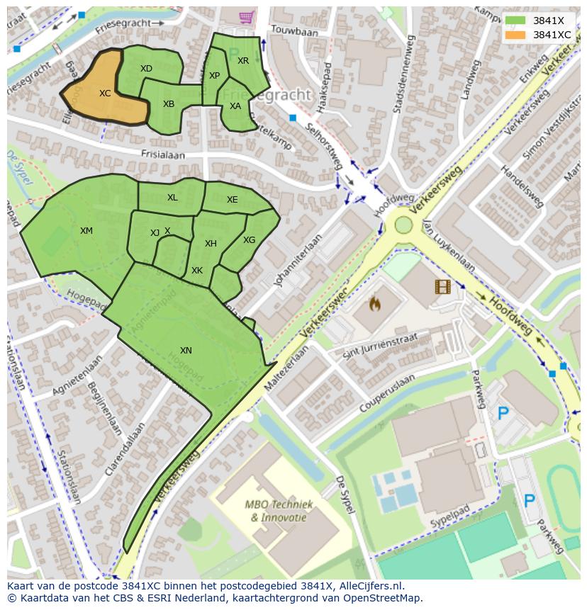 Afbeelding van het postcodegebied 3841 XC op de kaart.