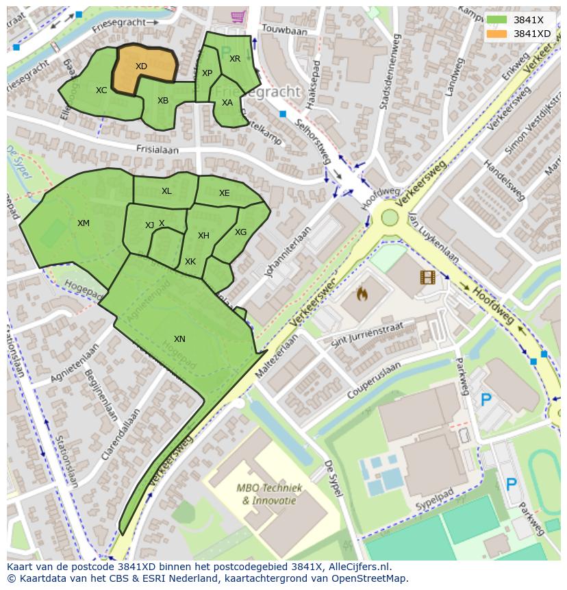 Afbeelding van het postcodegebied 3841 XD op de kaart.