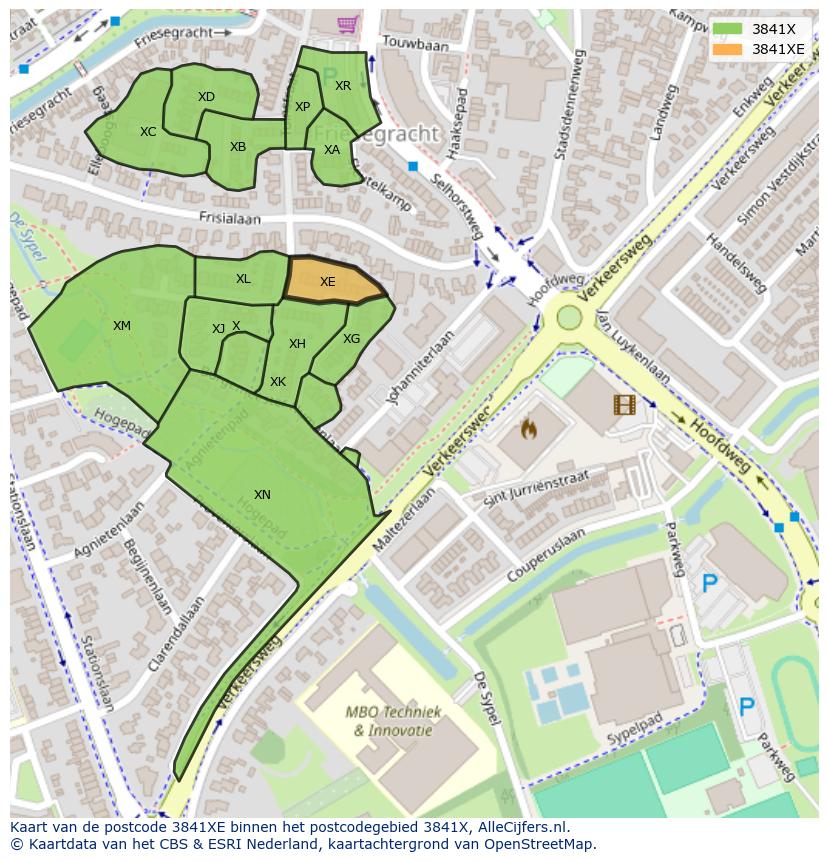 Afbeelding van het postcodegebied 3841 XE op de kaart.