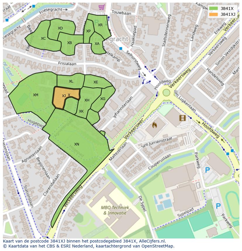Afbeelding van het postcodegebied 3841 XJ op de kaart.