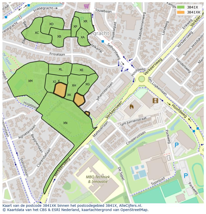 Afbeelding van het postcodegebied 3841 XK op de kaart.
