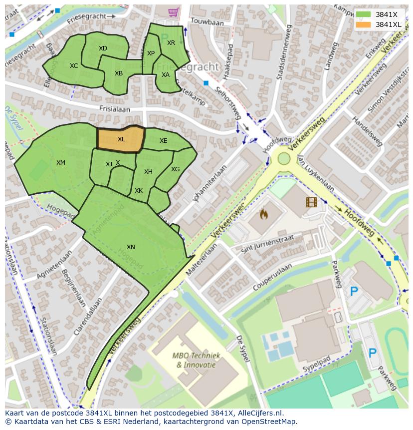 Afbeelding van het postcodegebied 3841 XL op de kaart.